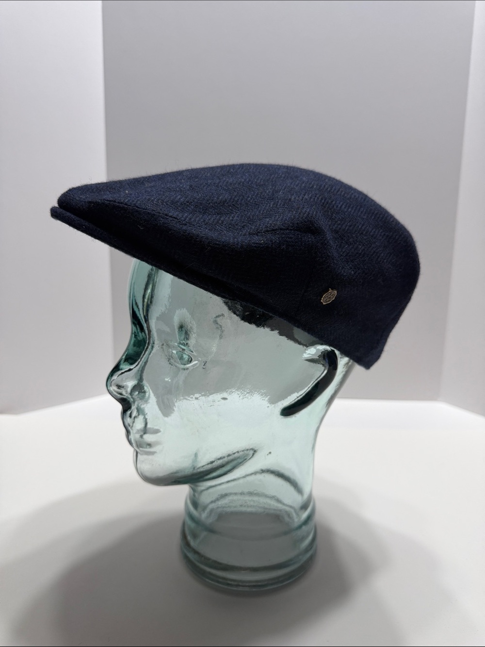 Men's Navy Wool Herringbone Flat Cap